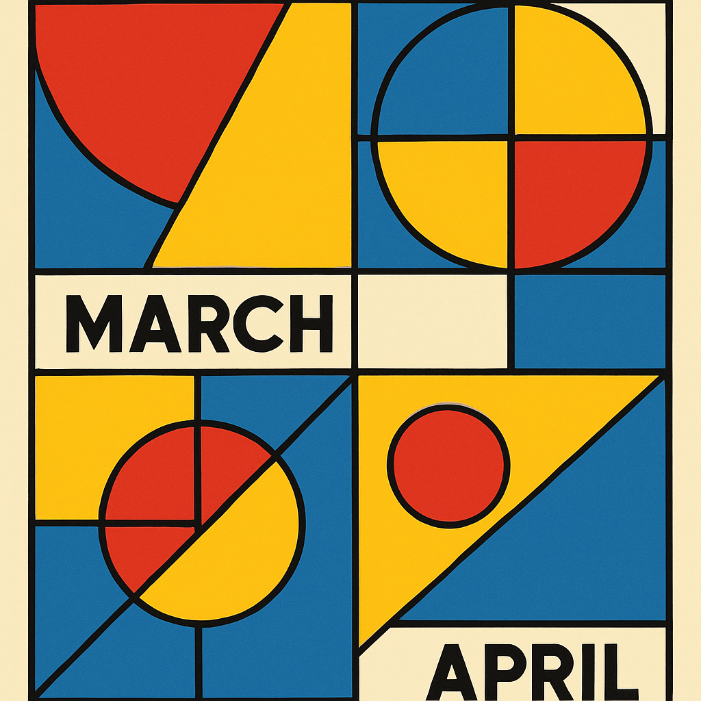 una composizione di almeno 8 figure geometriche semplici inerenti ai mesi di marzo e aprile per un calendario, utilizzando colori analoghi sulla ruota di itten