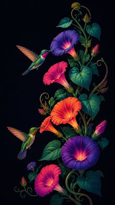 a climbing vine of flowers and hummingbirds on a dark background, tall wrapping composition, no text