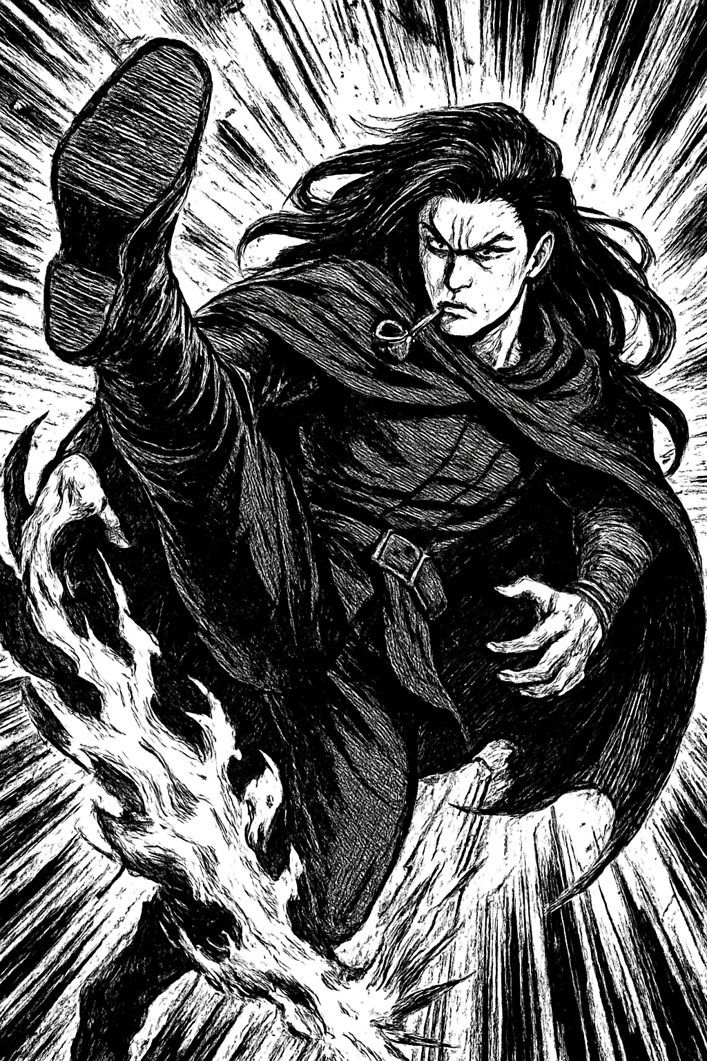 a drawing of a man with long hair and a cape