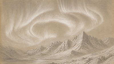 a flowing aurora over snowy peaks, wide sweeping composition, no people, no text