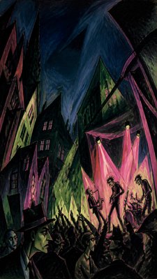 a live music scene with a glowing stage and silhouetted crowd, energetic vertical composition with open space at the top, no text