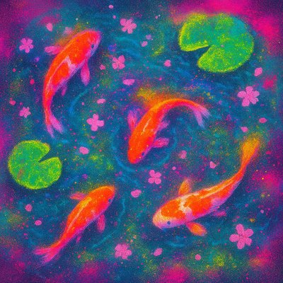 A koi pond seen from above, orange and white koi fish swimming among lily pads, clear water with subtle ripples, fallen cherry blossom petals floating on the surface, dappled sunlight