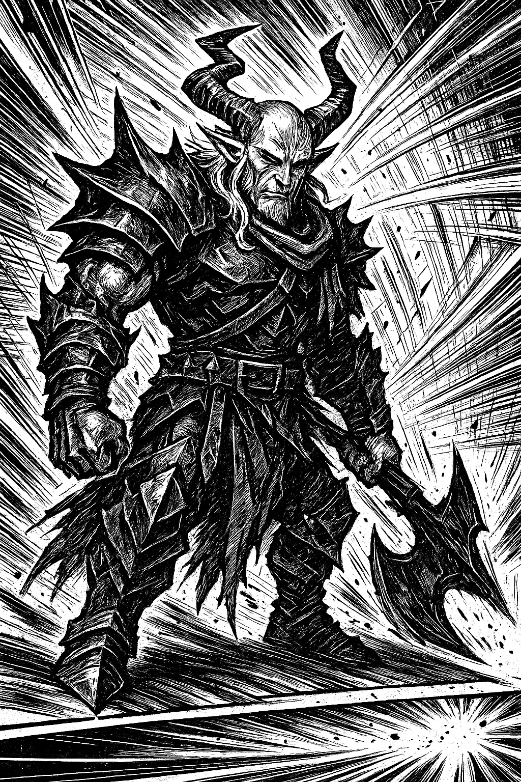 a black and white drawing of a knight