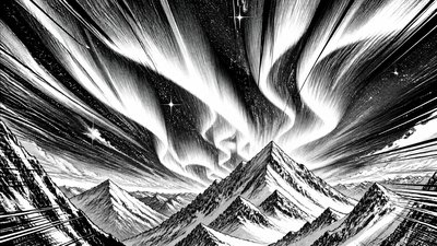 a flowing aurora over snowy peaks, wide sweeping composition, no people, no text
