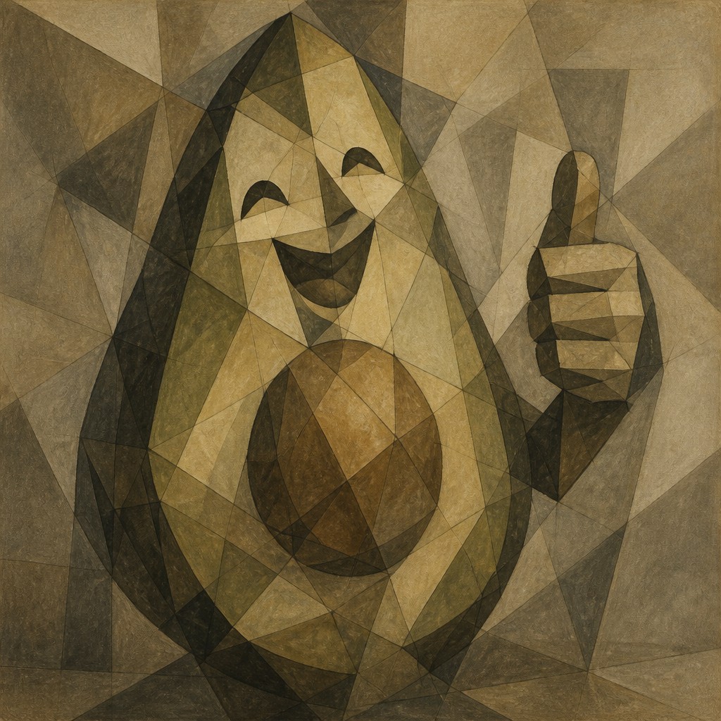 a happy avocado character giving a thumbs up, bold readable design on a plain background, no text