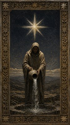 a robed figure pouring water beneath a large eight-pointed star in a night sky, symmetrical composition with an ornate decorative border, no text
