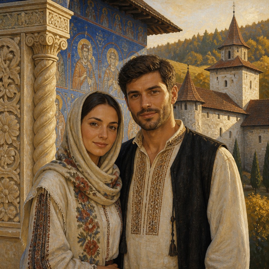portrait of two people together — Romanian Art Style