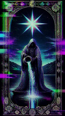 a robed figure pouring water beneath a large eight-pointed star in a night sky, symmetrical composition with an ornate decorative border, no text