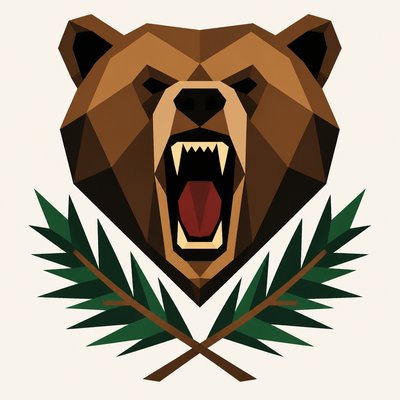 a roaring bear head above crossed pine branches, bold graphic composition on a plain background, no text