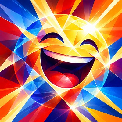 an exaggerated laughing face of an original round mascot character, bold and readable at small size, plain background, no text