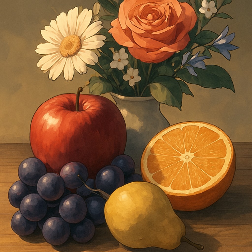 still life arrangement of fruits and flowers