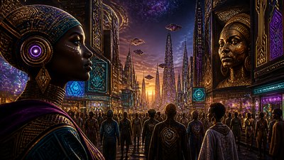 bustling city street panorama at dusk