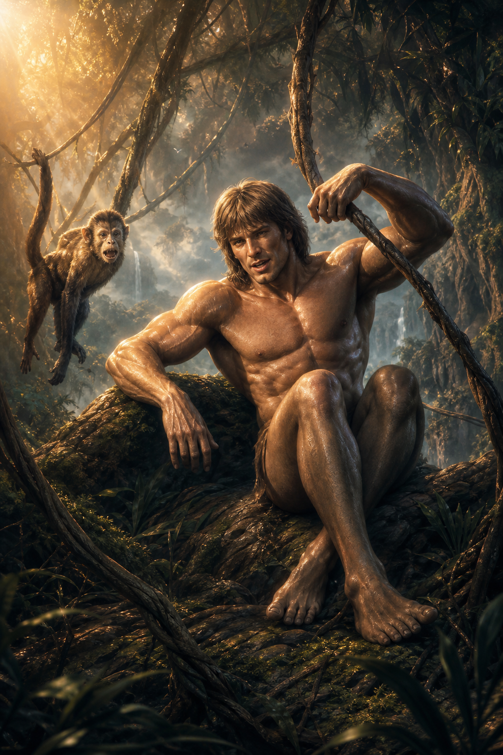 a painting of a man sitting in the woods