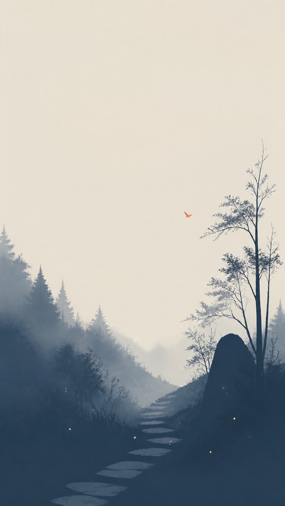 a mysterious forest path with fireflies and drifting mist, atmospheric vertical composition with open space at the top, no text