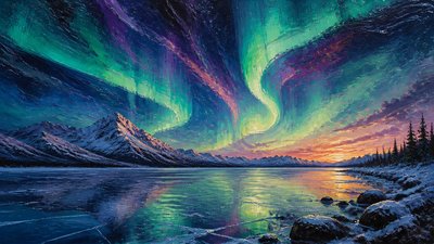 a sweeping aurora over a frozen lake, no people
