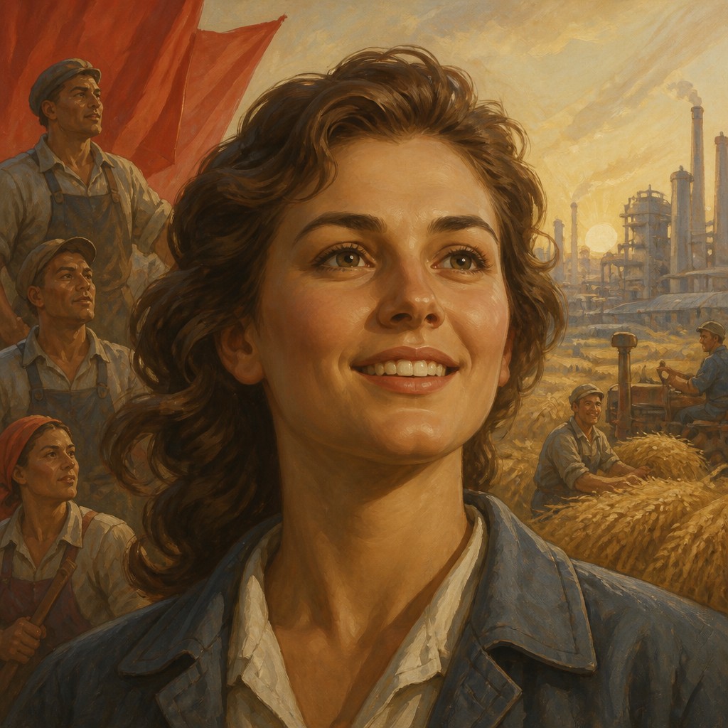 head-and-shoulders portrait of an original character: a young woman with wavy chestnut hair and a warm smile, plain soft backdrop