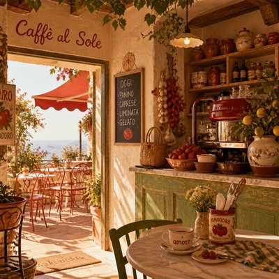 cozy cafe interior with warm lighting
