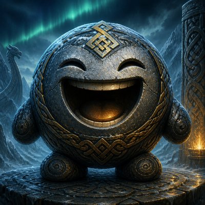 an exaggerated laughing face of an original round mascot character, bold and readable at small size, plain background, no text