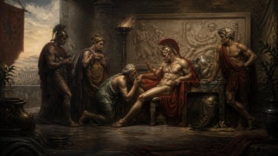a painting of a group of men sitting around a table