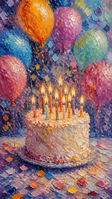 a birthday cake with lit candles surrounded by balloons and confetti, festive vertical composition, no text