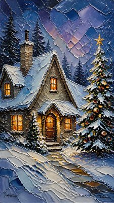 a snow-covered cottage with warm glowing windows beside a decorated pine tree, gentle snowfall, no text