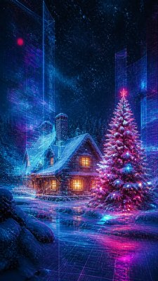 a snow-covered cottage with warm glowing windows beside a decorated pine tree, gentle snowfall, no text
