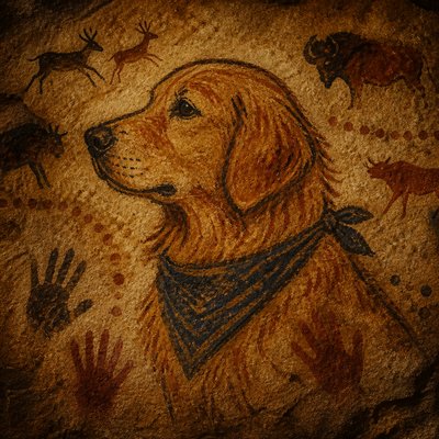 portrait of a golden retriever wearing a blue bandana, warm plain backdrop, no text
