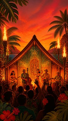 a live music scene with a glowing stage and silhouetted crowd, energetic vertical composition with open space at the top, no text