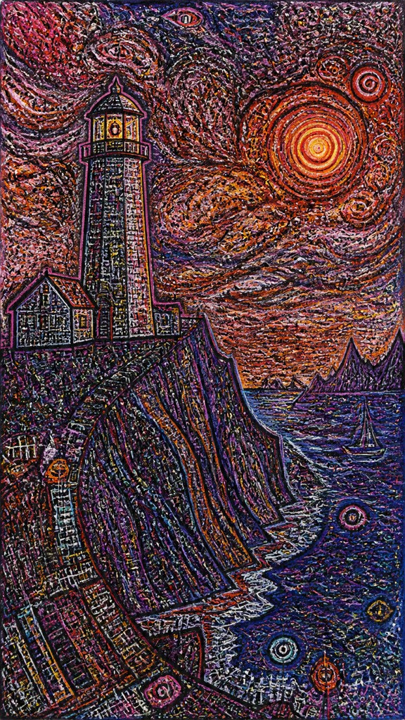 a lone lighthouse on a cliff at dusk under a dramatic sky, no text or lettering