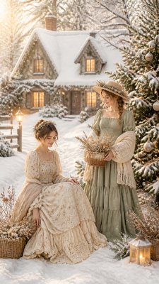 a snow-covered cottage with warm glowing windows beside a decorated pine tree, gentle snowfall, no text