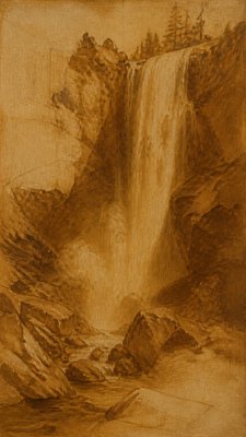 towering waterfall cascading down a cliff