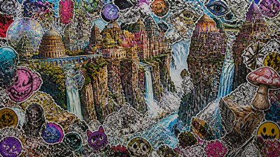 a cliffside city with waterfalls cascading into a misty canyon, wide establishing shot, no people, no text