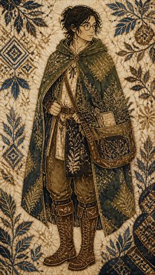 full-body original character: a wandering botanist with a satchel of plants, a patched green cloak, tall boots and round glasses, neutral background
