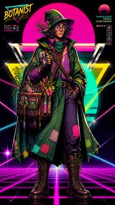 full-body original character: a wandering botanist with a satchel of plants, a patched green cloak, tall boots and round glasses, neutral background