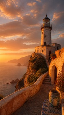 a lone lighthouse on a cliff at dusk under a dramatic sky, no text or lettering