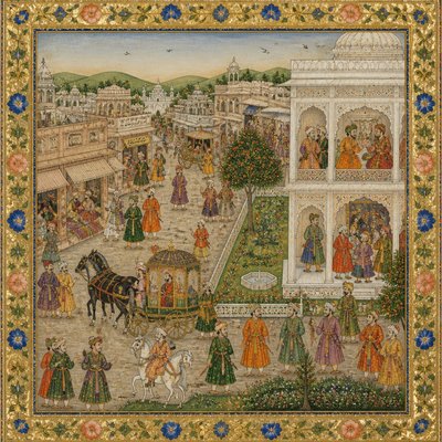 urban street with city activity — Mughal Miniature Art Style