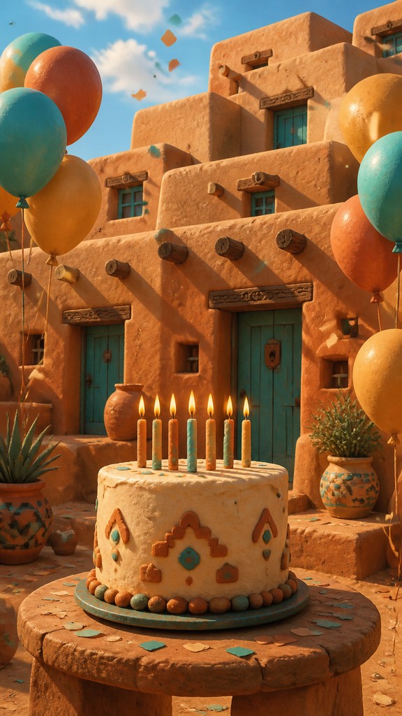 a birthday cake with lit candles surrounded by balloons and confetti, festive vertical composition, no text