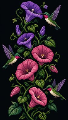 a climbing vine of flowers and hummingbirds on a dark background, tall wrapping composition, no text