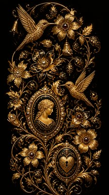 a climbing vine of flowers and hummingbirds on a dark background, tall wrapping composition, no text