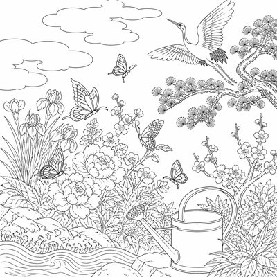a garden scene with butterflies, flowers and a watering can, clean uncolored line art, no text