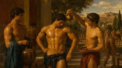 illustration depicting-ancient-greek-athletes-pouring-oil-over-their-bodies