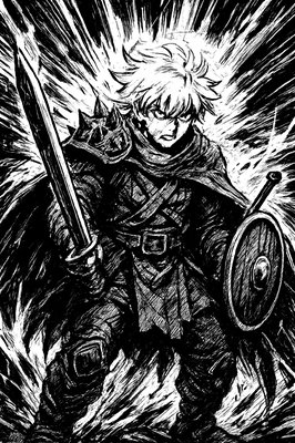 a black and white drawing of a man holding a sword