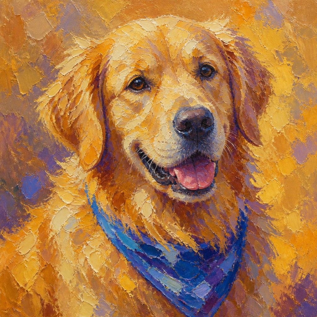 portrait of a golden retriever wearing a blue bandana, warm plain backdrop, no text