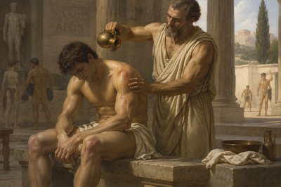 ancient greek gymnasium trainer pours oil over bruished athlete
