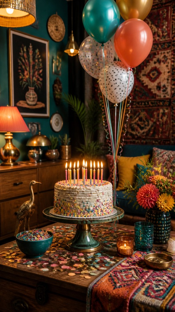 a birthday cake with lit candles surrounded by balloons and confetti, festive vertical composition, no text