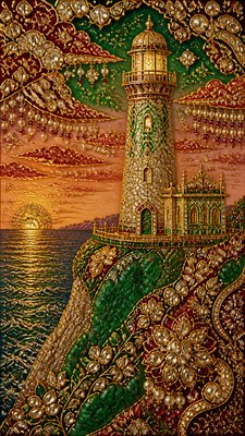 a lone lighthouse on a cliff at dusk under a dramatic sky, no text or lettering