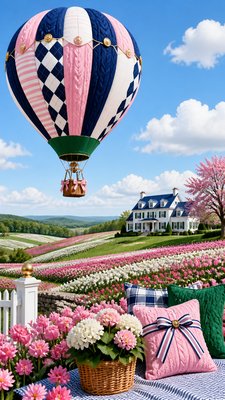a hot air balloon drifting over rolling flower fields on a sunny day, cheerful, no text