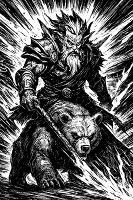 a black and white drawing of a man on a bear