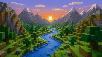a vast valley with a river winding toward distant mountains at sunrise, no people, no text