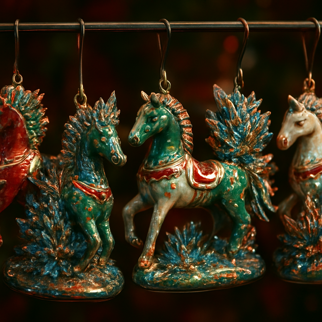 Ornament Rack of Tiny Horses
a collection of christmas ornaments shaped like tiny horses, glossy painted ceramic, metallic highlights, candy cane stripes, hand-painted details, dramatic holiday lighting, rich reds and greens, festive atmosphere
